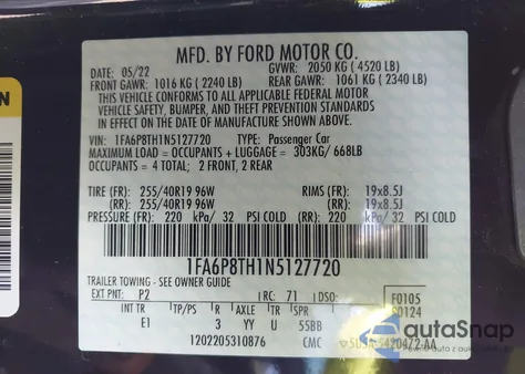 2022 Ford Mustang Ecoboost Premium Fastback z USA, uszkodzony, nr VIN 1FA6P8TH1N5127720